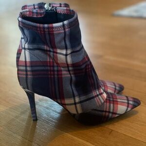 Navy/Red/Cream Plaid Heeled Boots